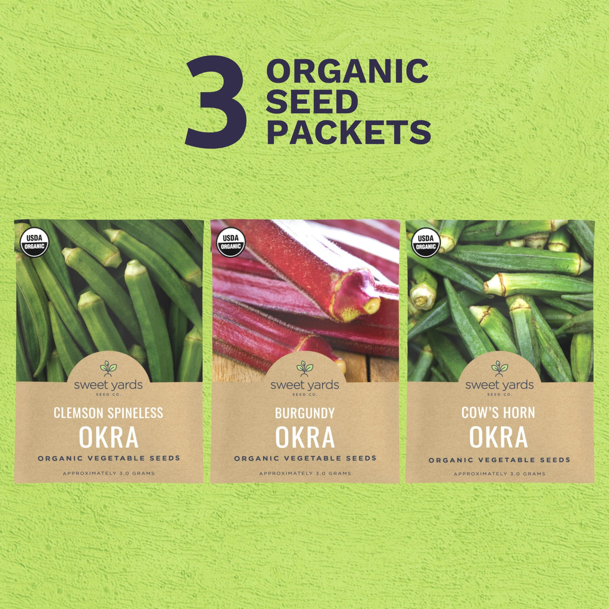 Sweet Yards Cowhorn okra seeds close-up, promising tender pods