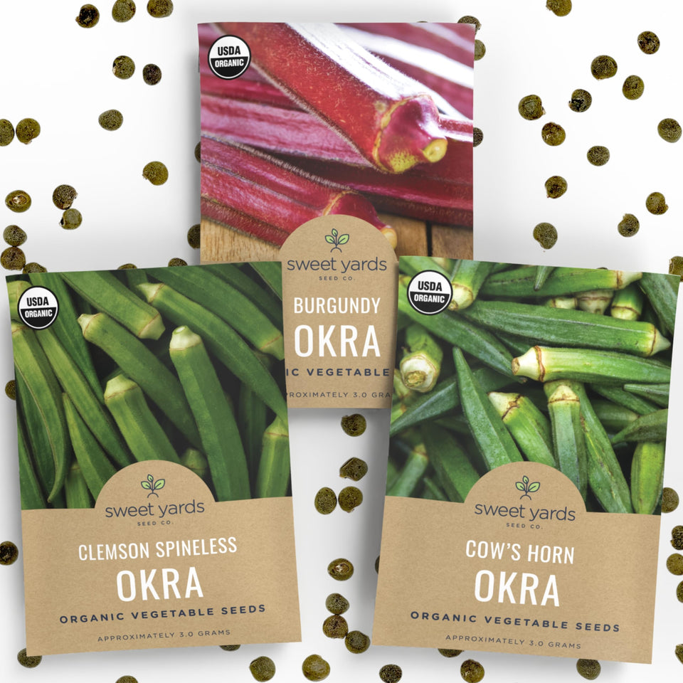 Sweet Yards Organic Okra Lovers Seeds Pack front view, ready for planting