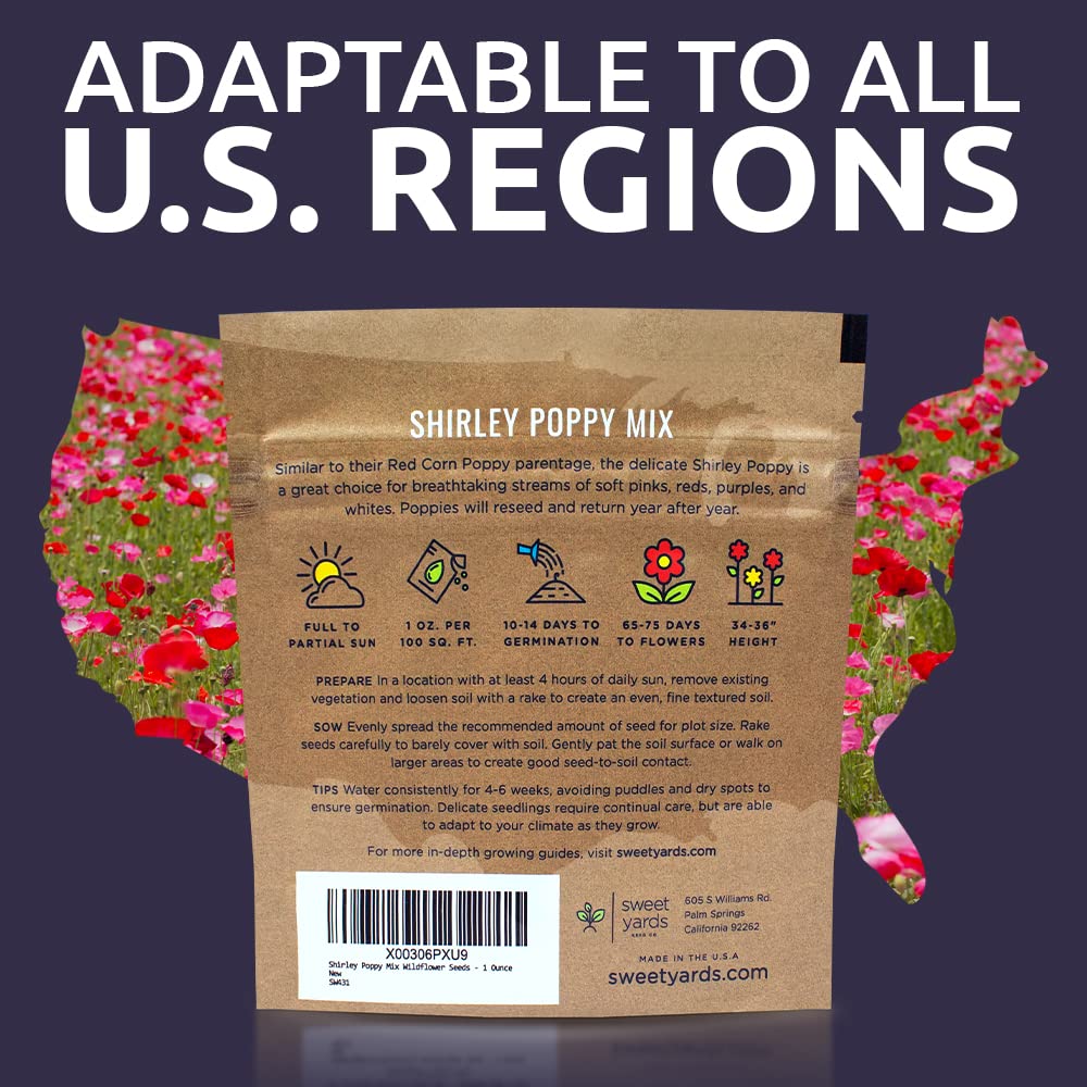 Sweet Yards Shirley Poppy Seeds open-pollinated, non-GMO seeds offer reliable color.