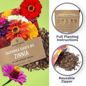 Sweet Yards zinnia color palette reveals red, pink, purple, orange, yellow, white blooms