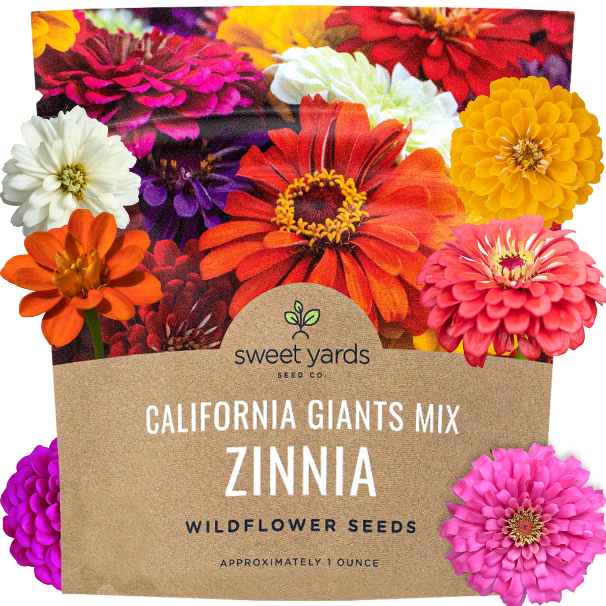 Sweet Yards zinnia California Giants mix packet front shows abundant seeds for a vibrant garden