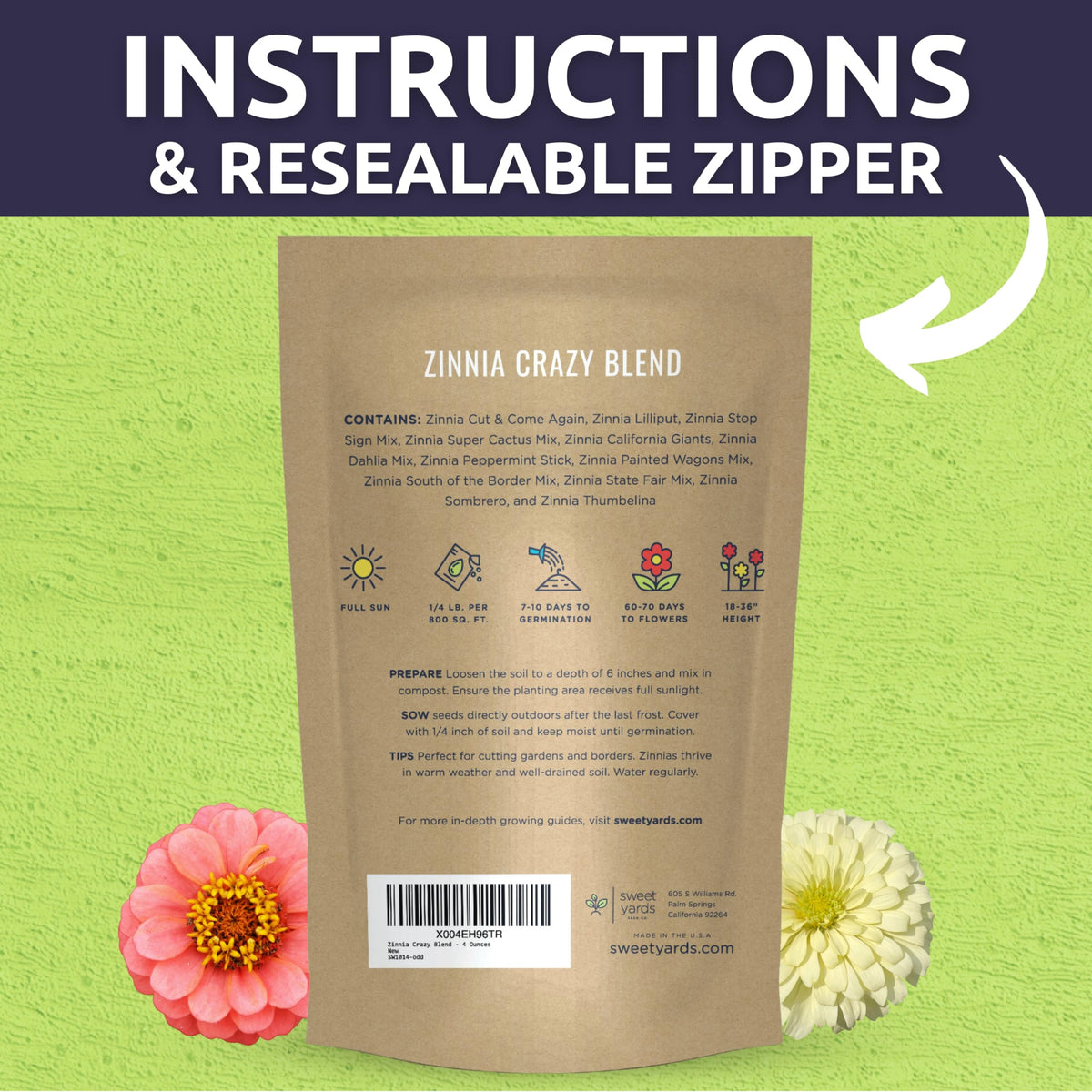 Bright zinnia blooms from SWEET YARDS Crazy Blend