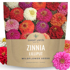 SWEET YARDS Zinnia Lilliput Mix seed packet ready for planting, featuring vibrant colors.
