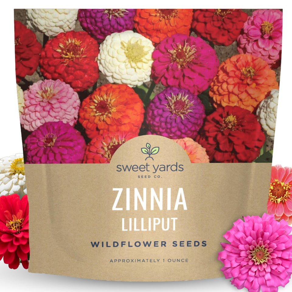SWEET YARDS Zinnia Lilliput Mix seed packet ready for planting, featuring vibrant colors.