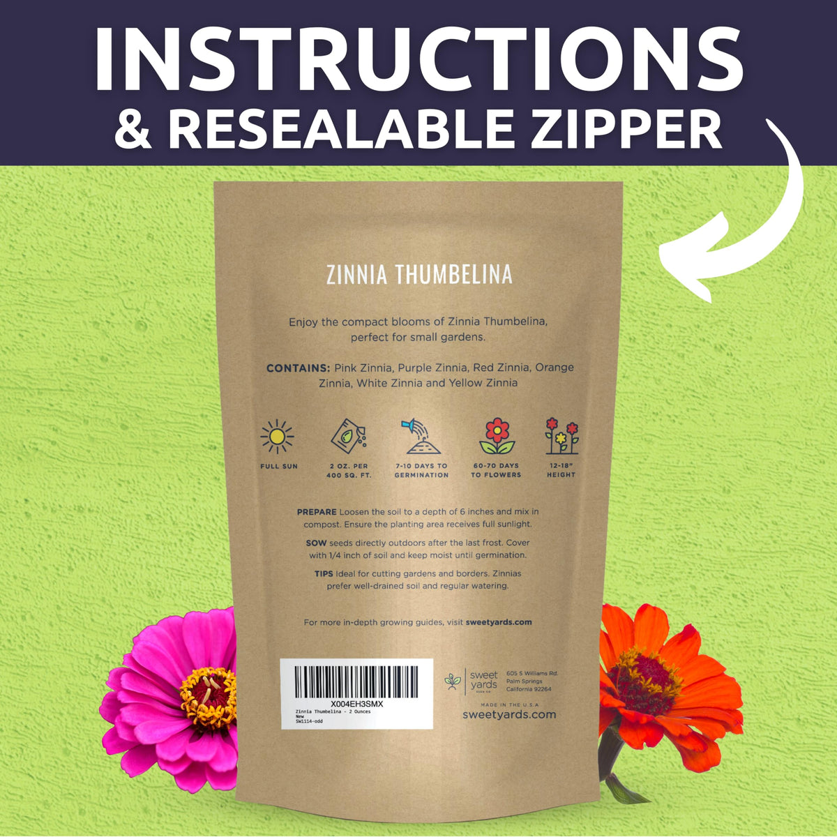 Sweet Yards Zinnia Thumbelina Mix ideal for container planting and patios.