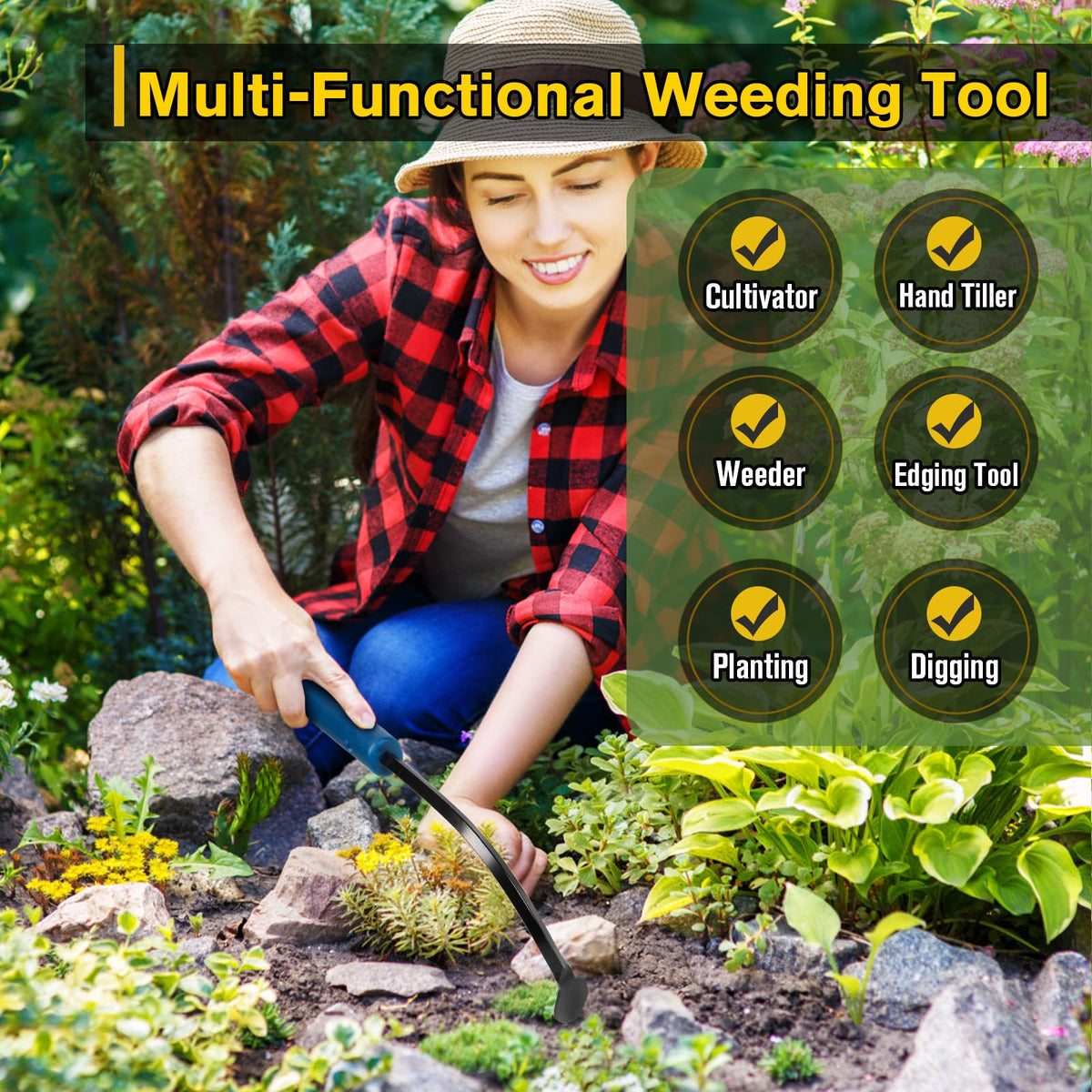 SWELGO weed puller with ergonomic plastic handle for comfortable gardening sessions.
