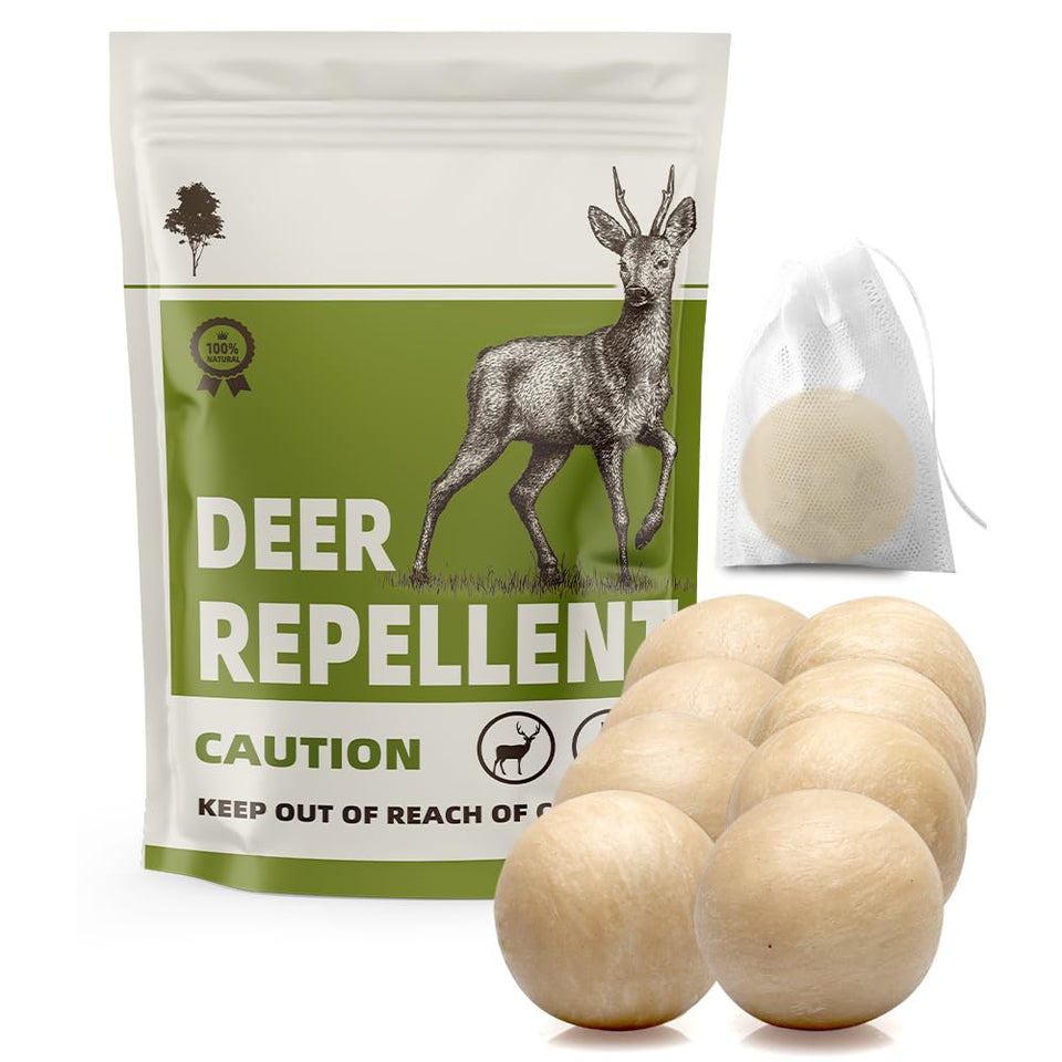 SWIALLS deer repellent balls in an 8-pack layout protecting a flower bed