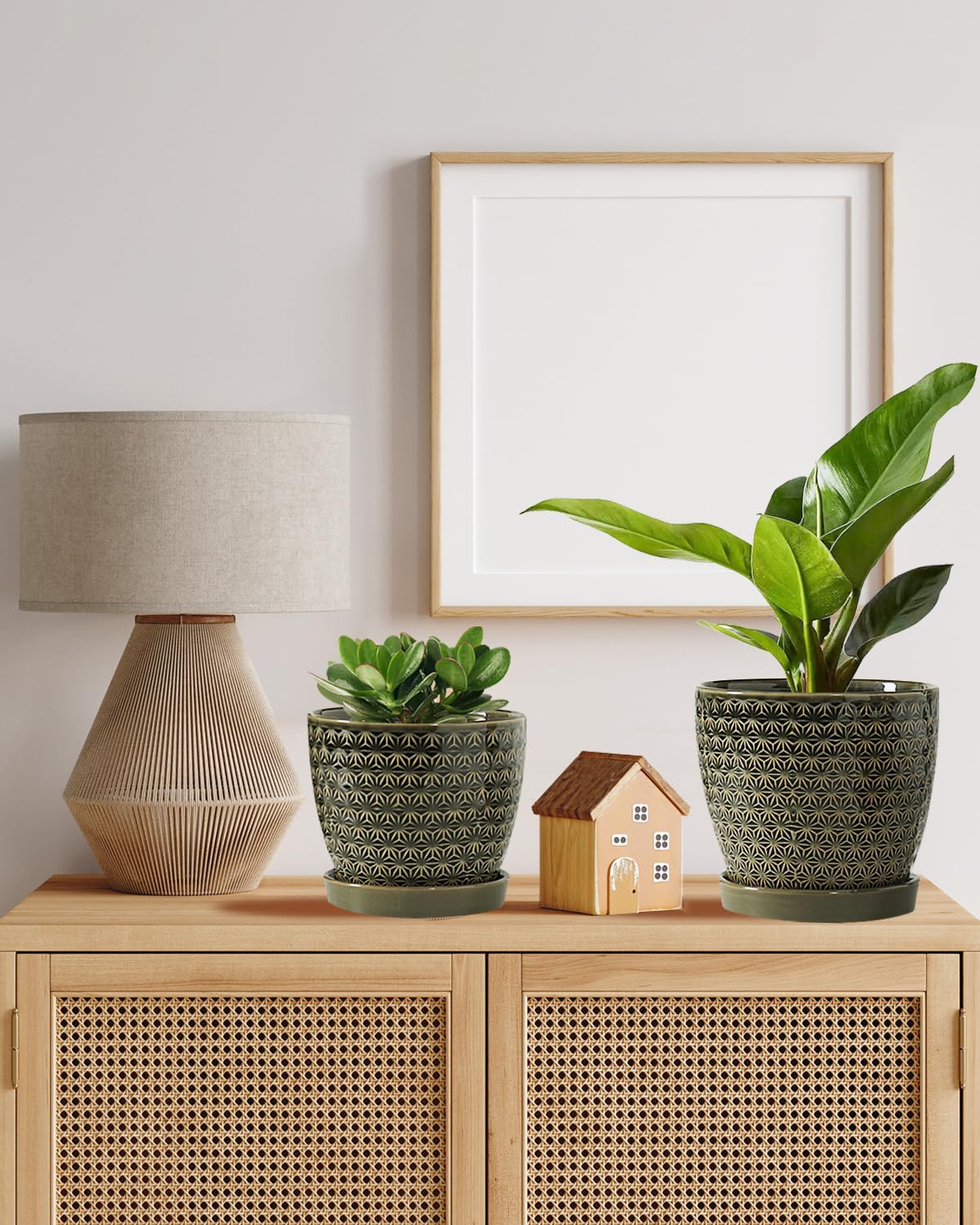 Swicken orchid in green ceramic planter on a shelf.