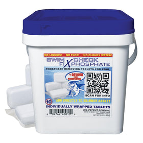 Swim Check Fix Phosphate tablets ready for skimmer basket treatment, promoting clearer pool water.