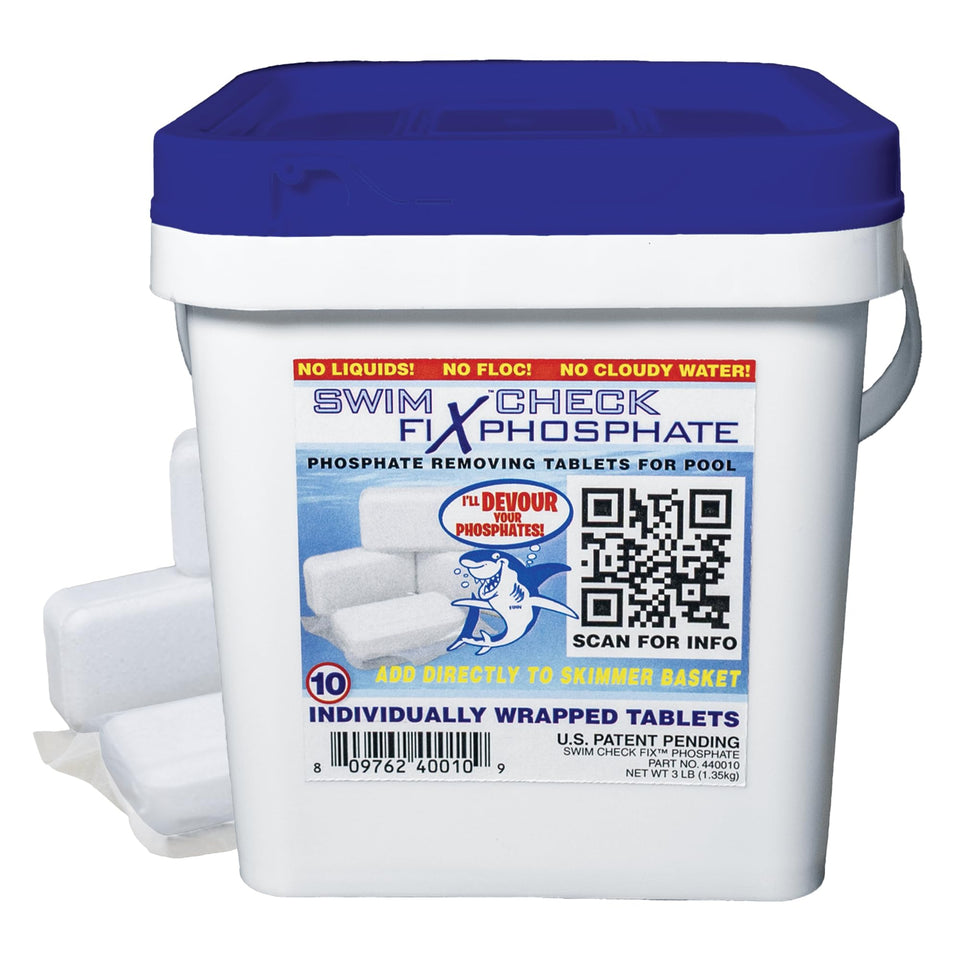 Swim Check Fix Phosphate tablets ready for skimmer basket treatment, promoting clearer pool water.