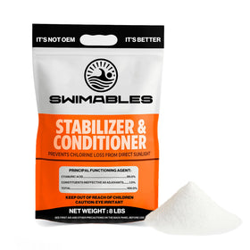 Swimables stabilizer bottle showing compact packaging and chlorine protection benefits
