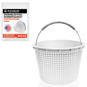 Swimables pool skimmer basket with brass weight improves debris capture and stability.