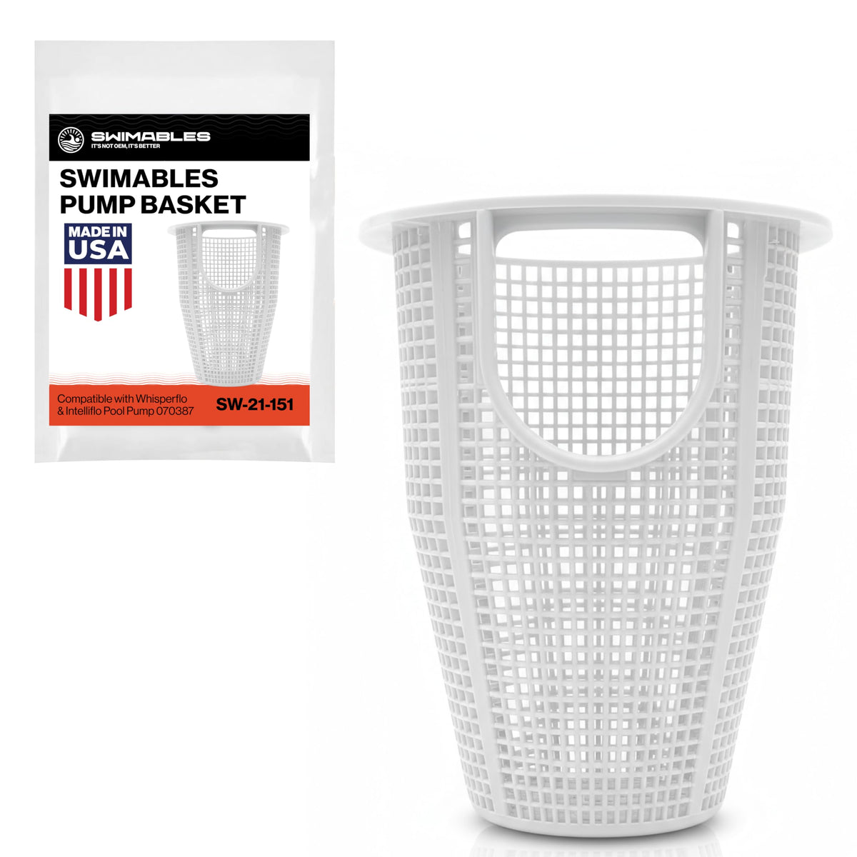 Swimables pump basket front view showing 3x stronger construction for durable filtration