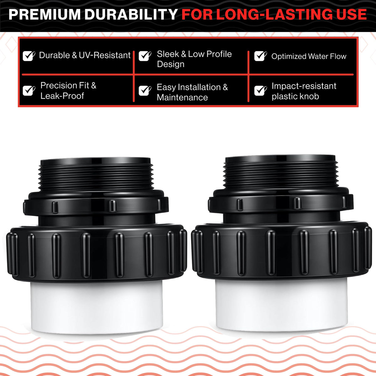 Swimables union enables easy pump removal by loosening the back ribbed nut