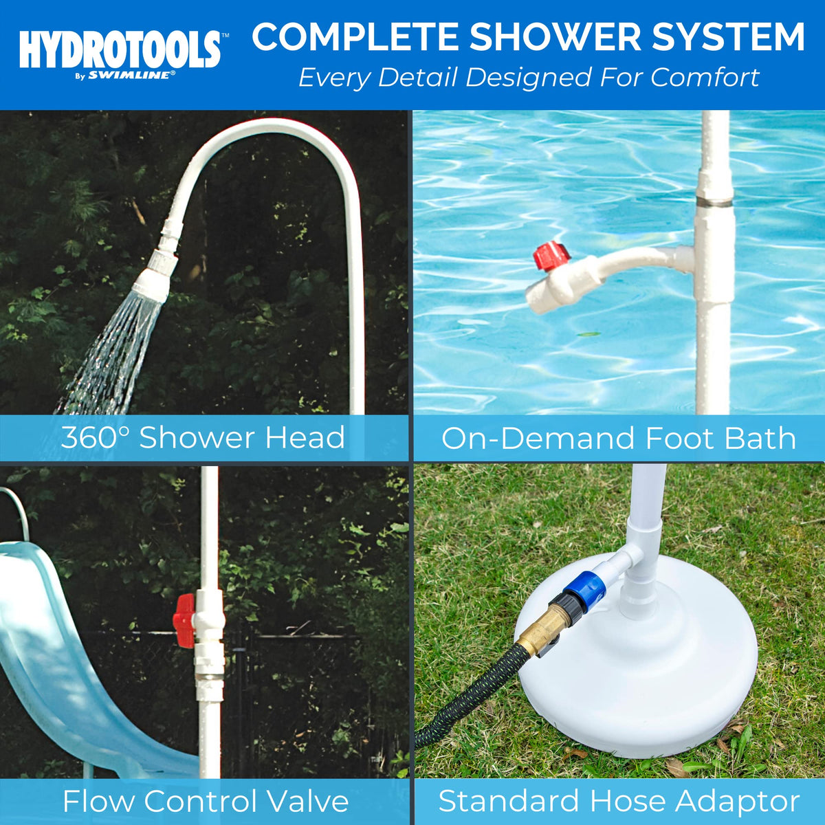 Swimline HydroTools adjustable shower head with customizable spray.