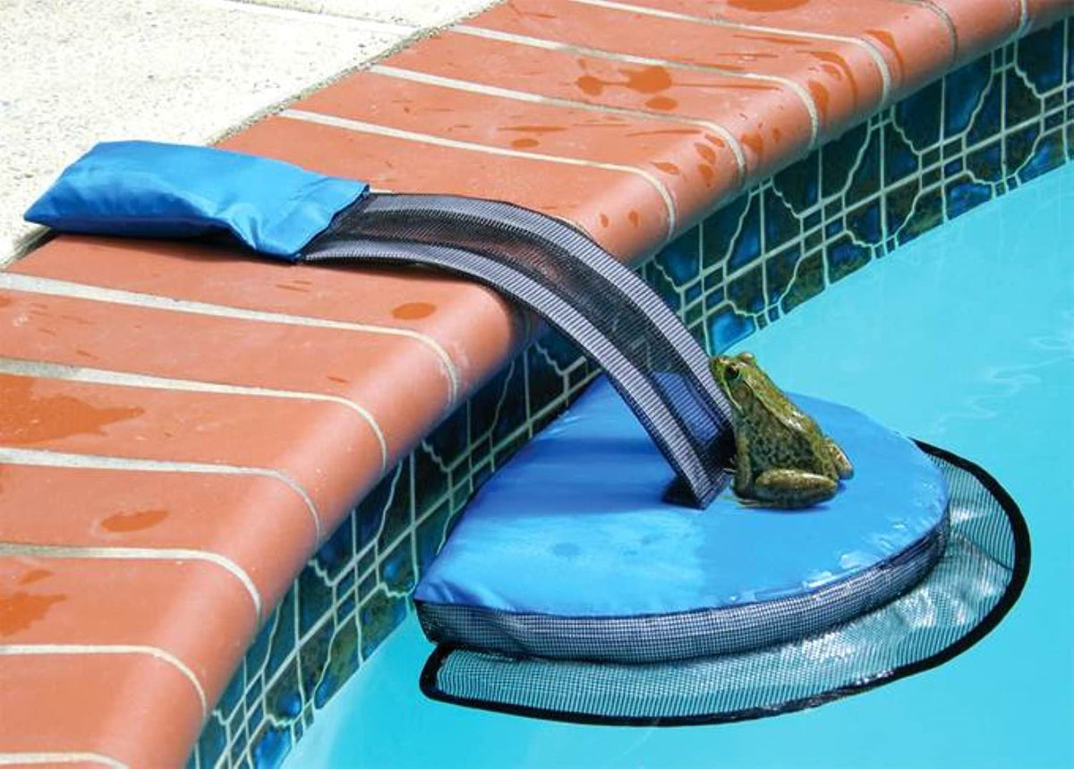 Swimline Frog Log in action at pool edge improves safety and minimizes wildlife hassle