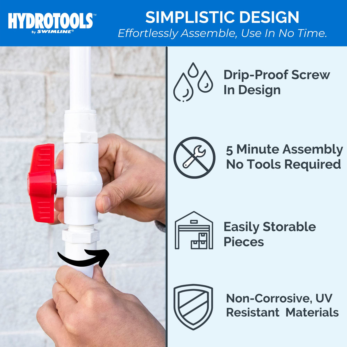 Swimline HydroTools connects to a standard garden hose for quick setup.