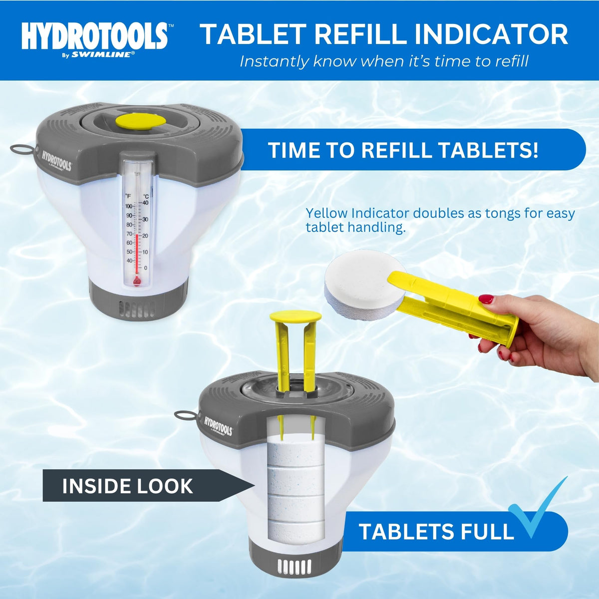Large-capacity floater holds multiple 3-inch or 1-inch tablets
