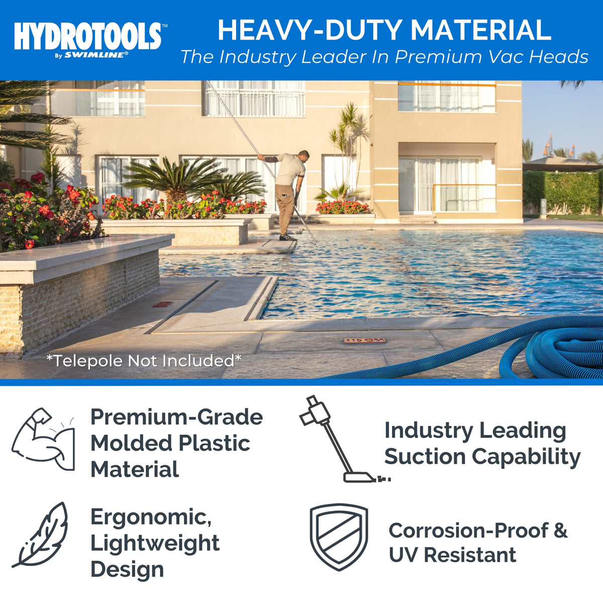 Swimline Hydrotools vacuum head durable UV resistant construction withstands seasons of use