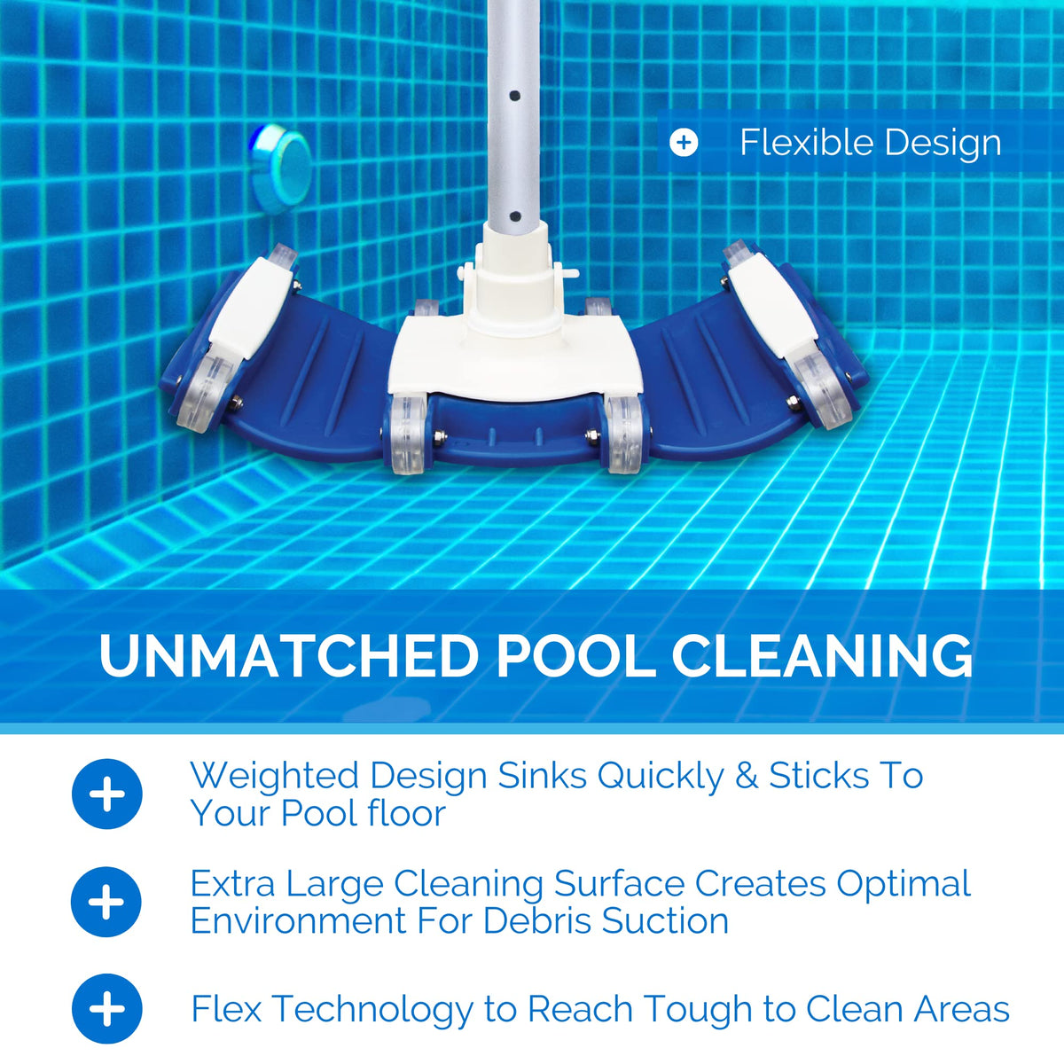 Swimline Hydrotools weighted vacuum head stays submerged for steady suction on the pool floor