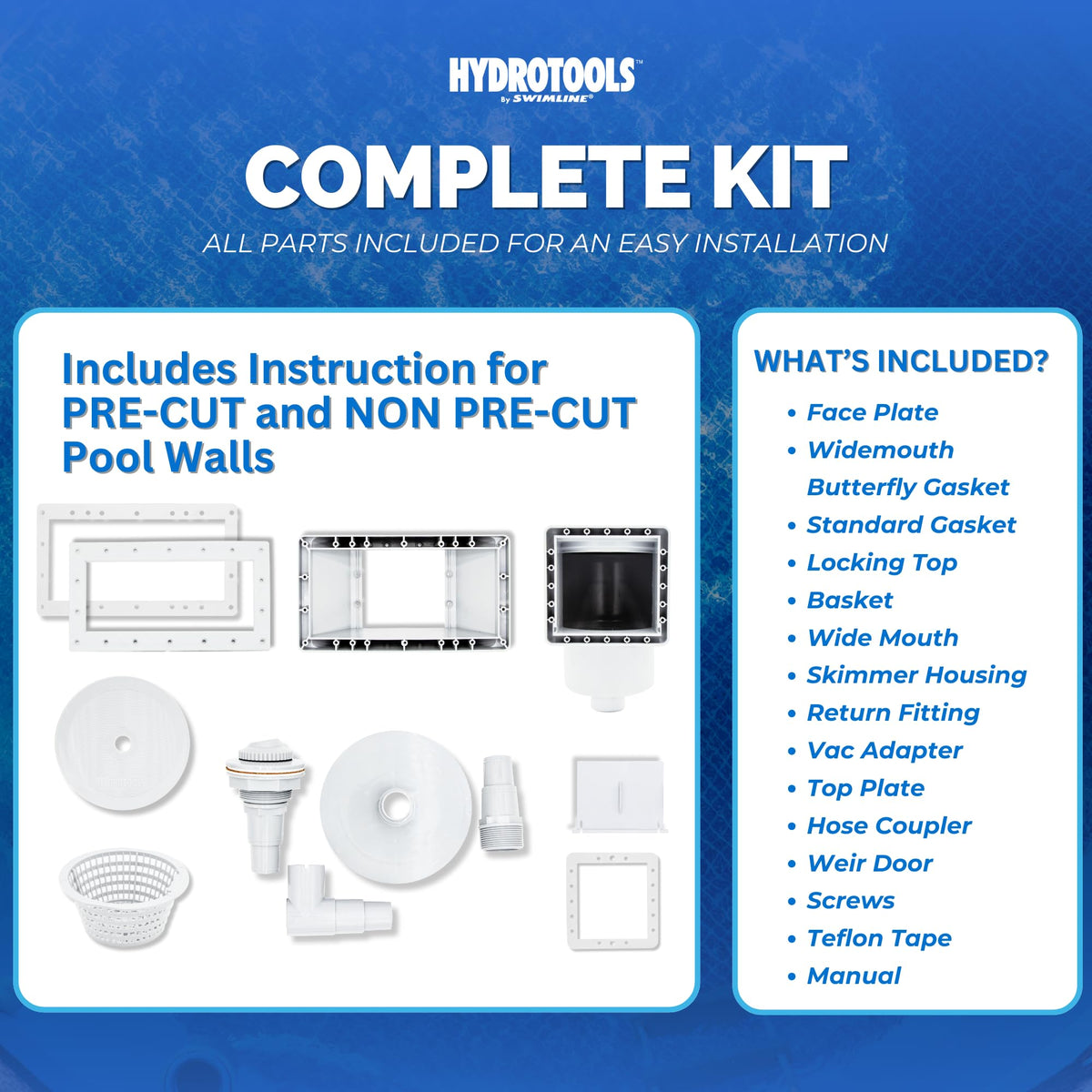 Swimline HydroTools versatile skimmer kit compatible with multiple pool configurations.