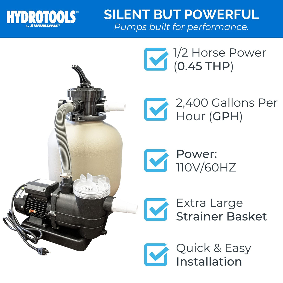 Swimline sand filter pump 4-way valve close-up shows versatile filtering options