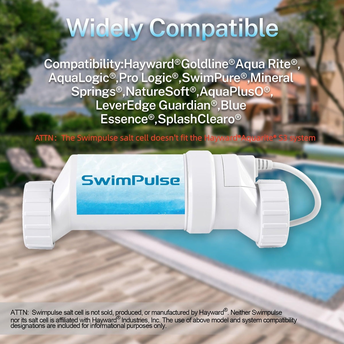 Swimpulse salt cell with Hayward T-15 label showing broad compatibility.