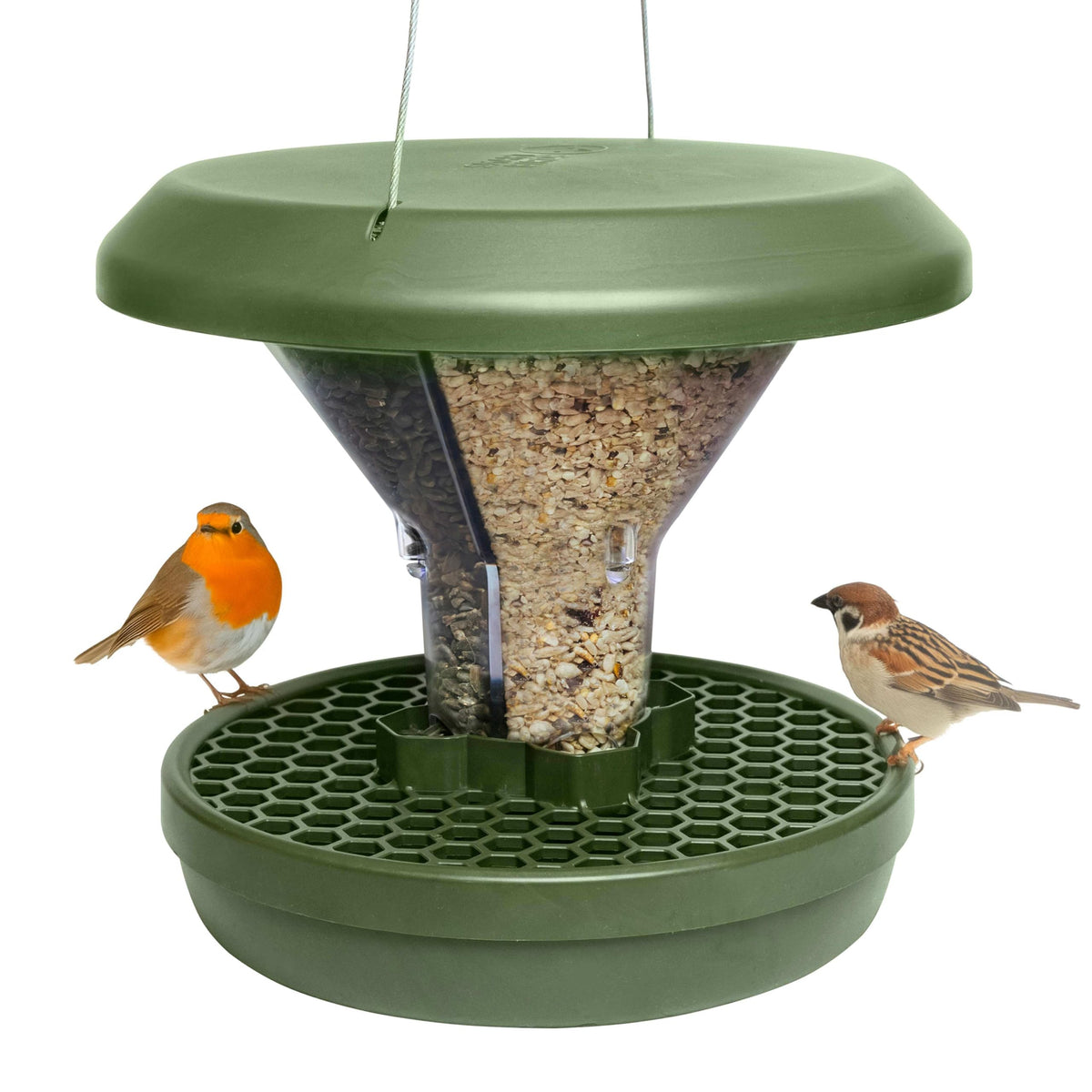 SWISSINNO Davos spill-proof feeder in green keeps seed contained for cleaner spaces