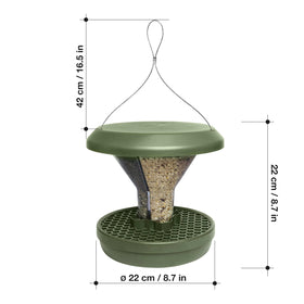 SWISSINNO outdoors-ready green feeder blends with garden decor