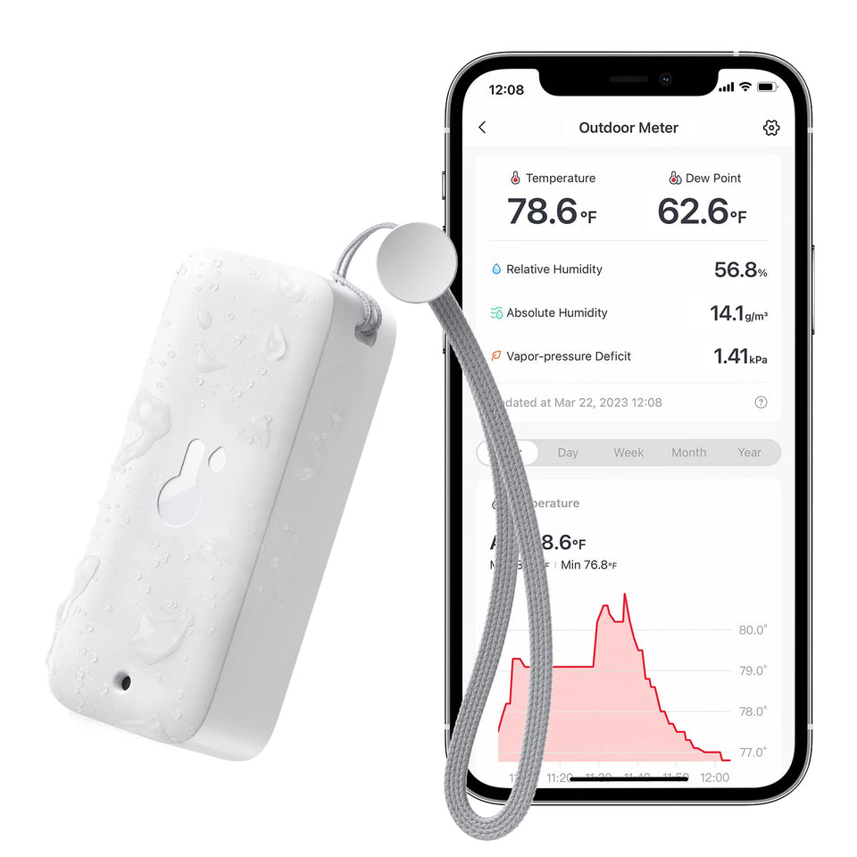 SwitchBot IP65 hygrometer-thermometer outdoors shows humidity and temperature for garden care