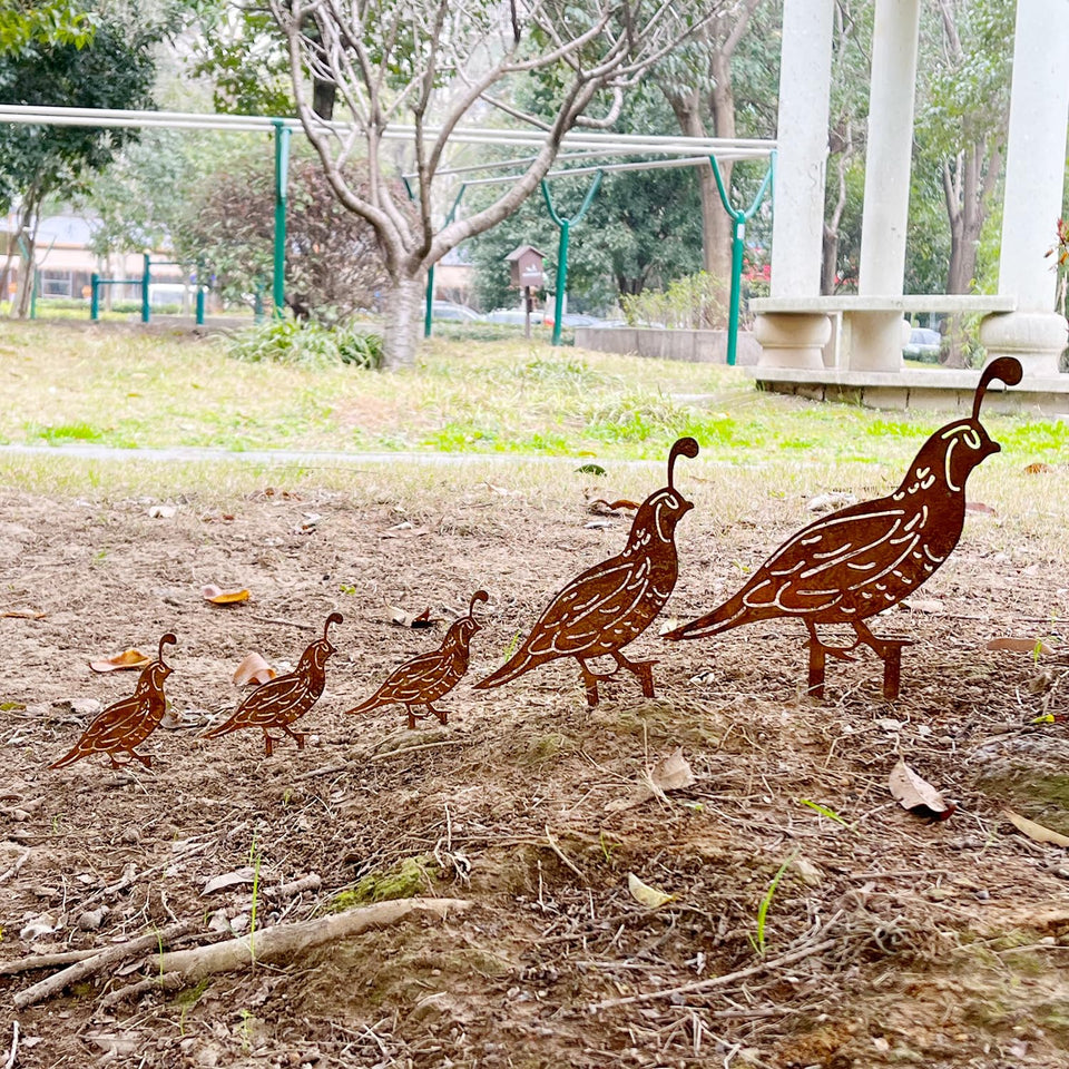 SWNACOR rusty quail family stakes small add rustic charm to your garden
