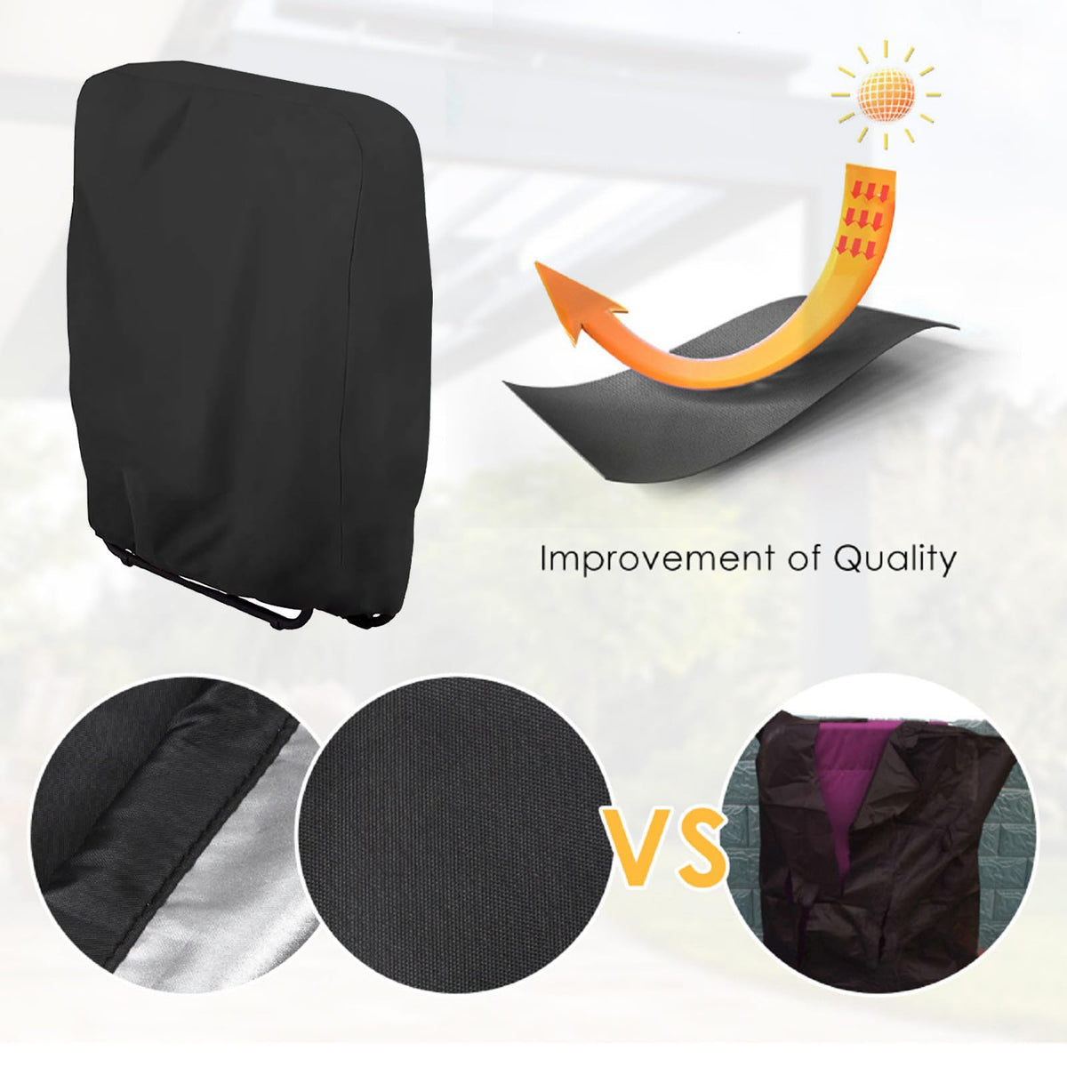 Adjustable hem cord securing chair cover on windy days