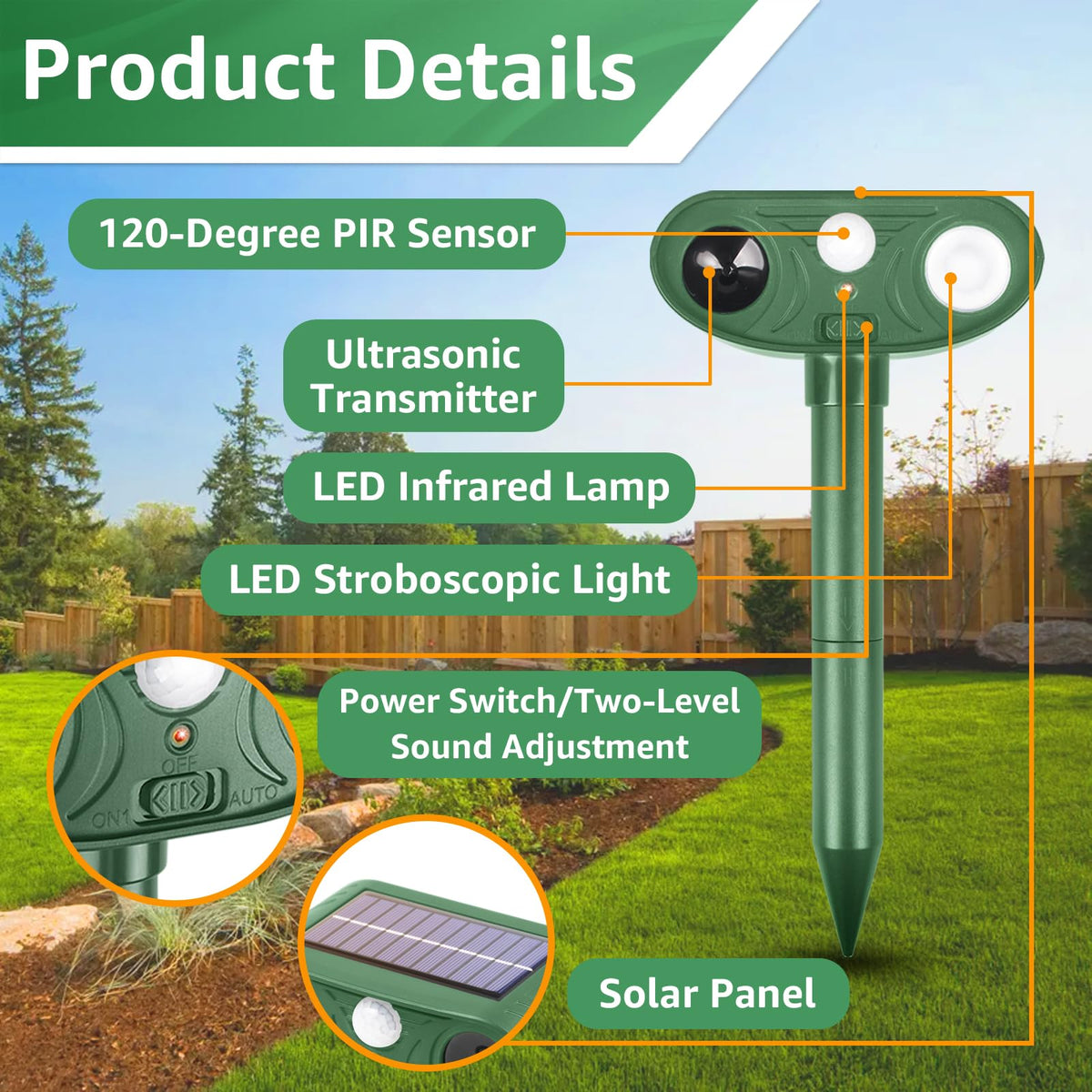 Deterrent mode options: audible alarm and silent ultrasonic pulses for humane pest control