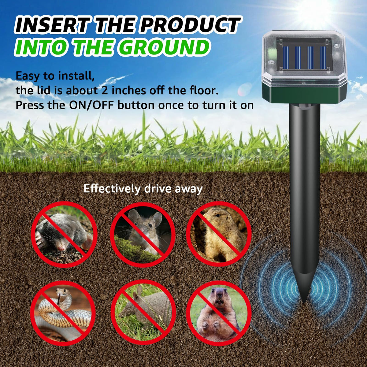 Sxaze Mole Repellent waterproof shell withstands rain, snow for all-season pest deterrence.