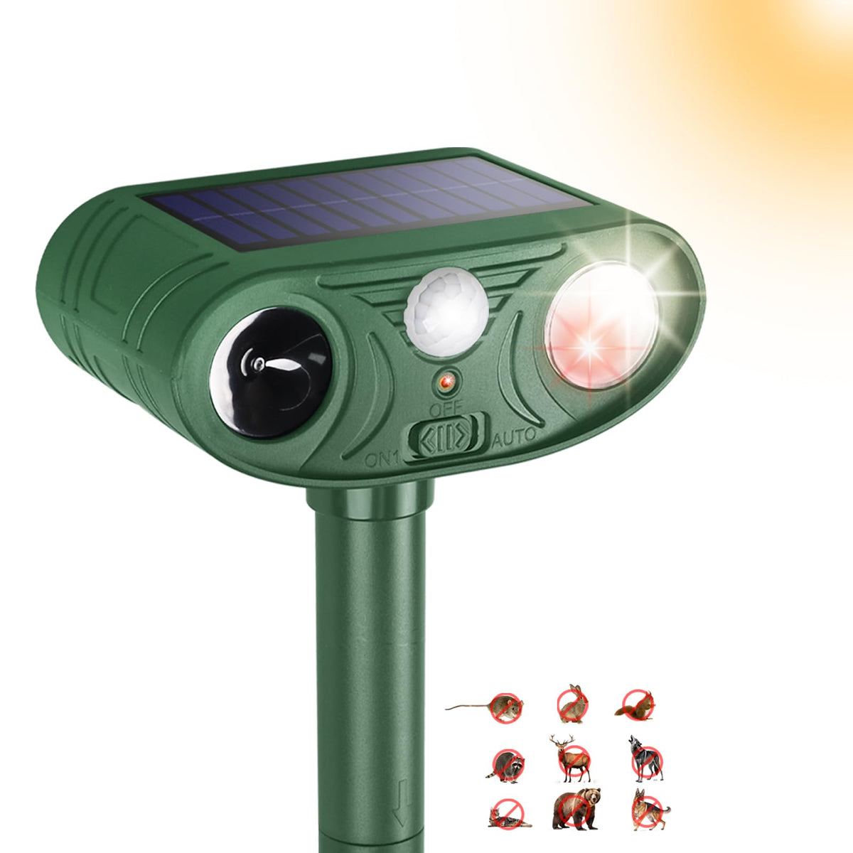 Sxaze solar ultrasonic animal repellent with motion sensor in action deterring pests outdoors