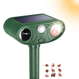 Sxaze solar ultrasonic animal repellent with motion sensor in action deterring pests outdoors