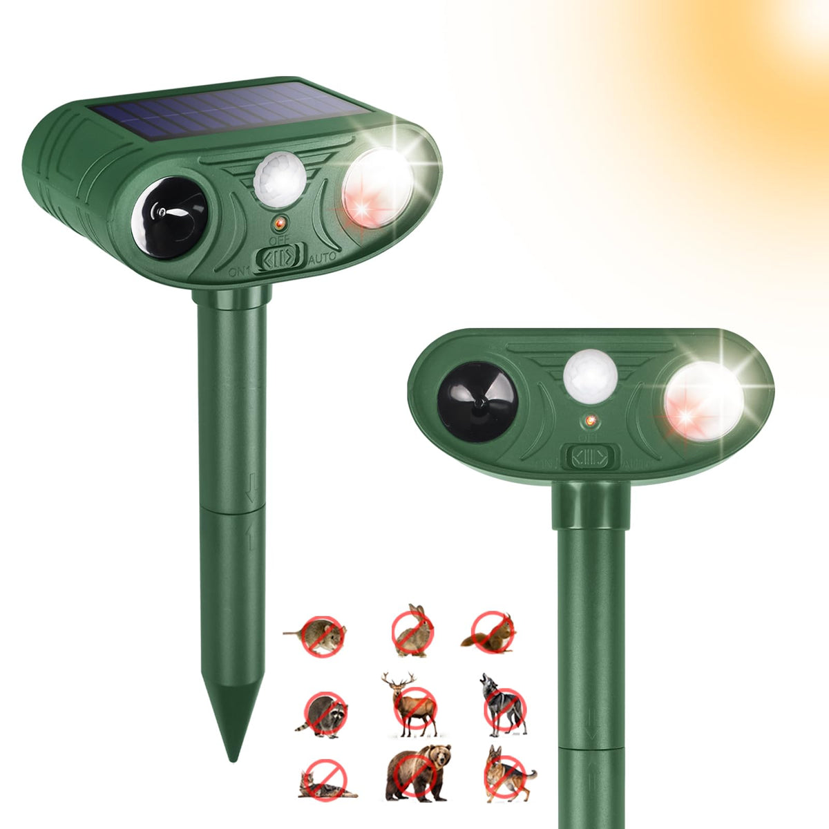 Sxaze solar ultrasonic animal repellent with motion sensor protects outdoor spaces.