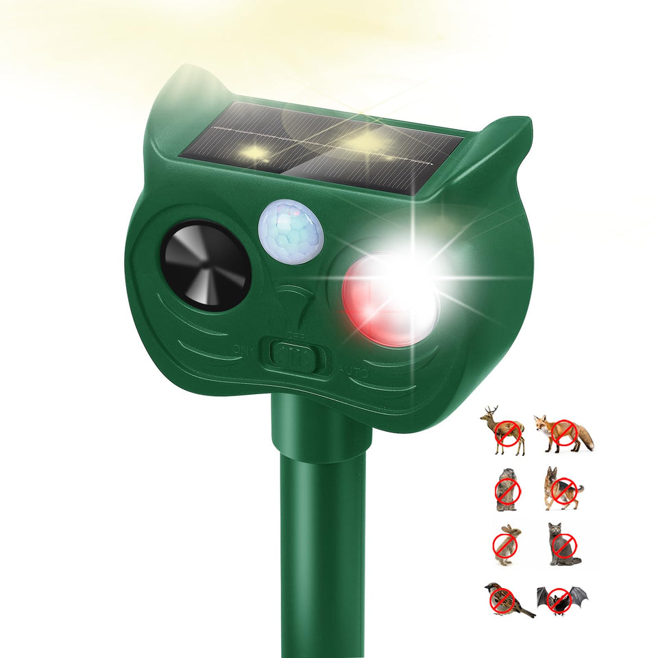 Sxaze Solar Ultrasonic Deterrent front view shows compact outdoor design for protection.