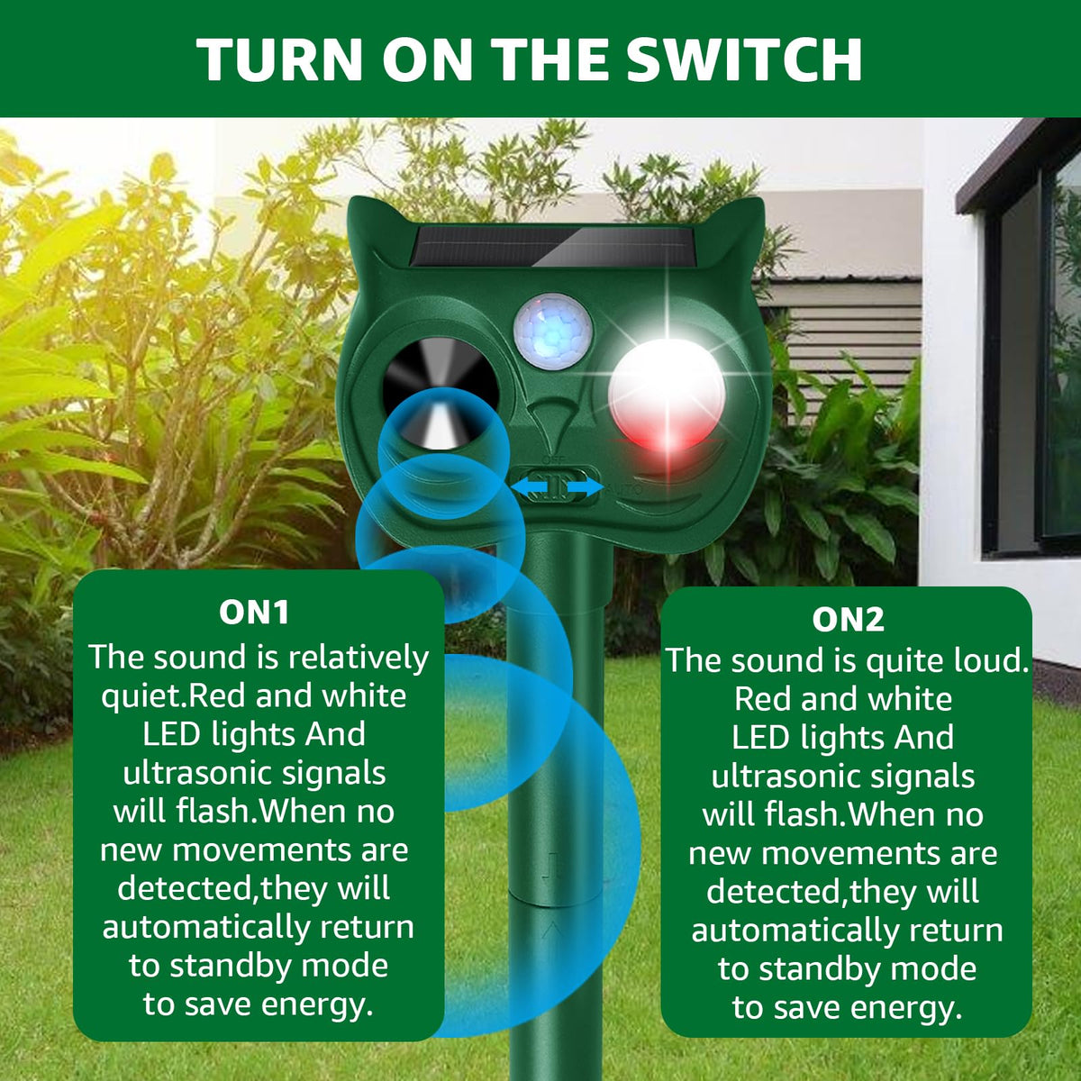 Sxaze LED strobe activated during operation deters wildlife at night.