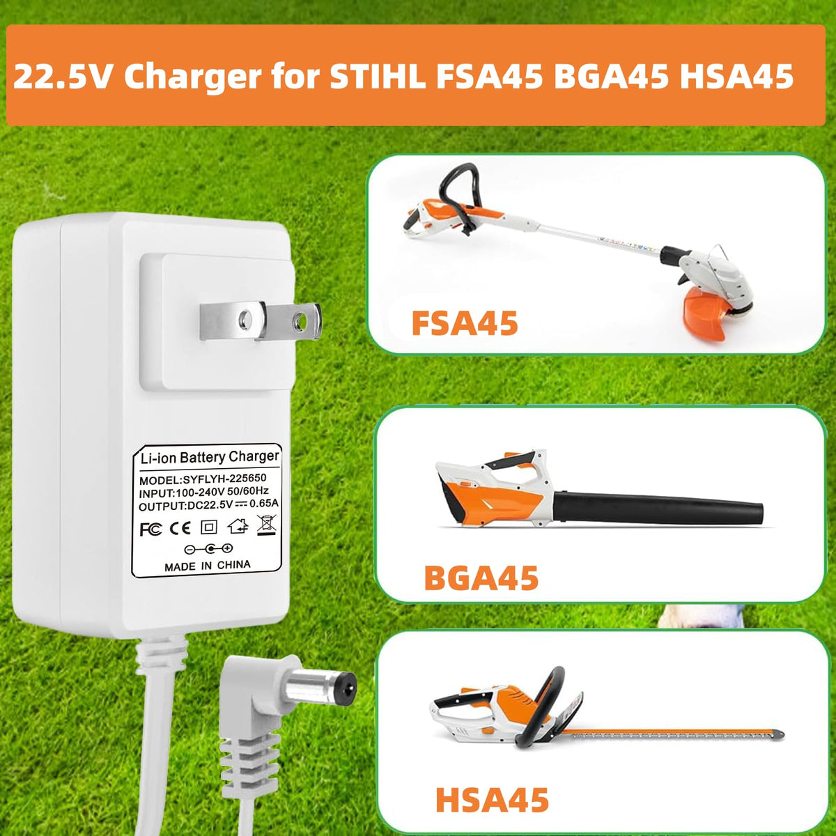 SYFLYH 22.5V charger for STIHL FSA45 side view highlighting safety features