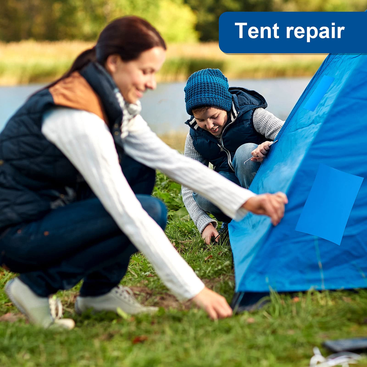 Syhood patch on pool liner illustrates wide compatibility with inflatables and outdoor gear