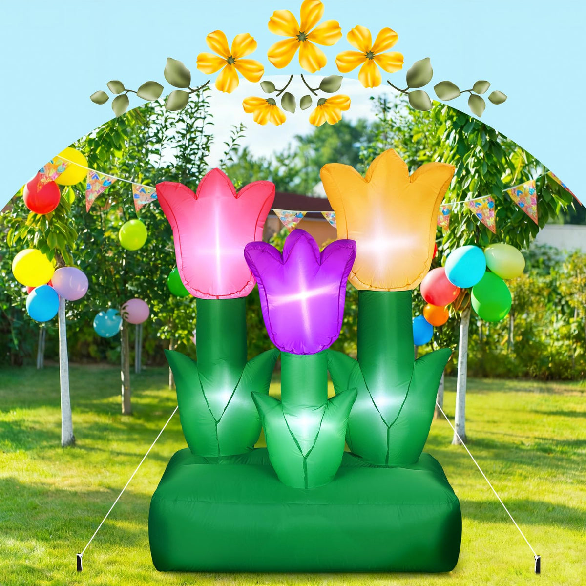 Syhood tulip inflatables in pink, purple, and yellow brighten gardens and yards.