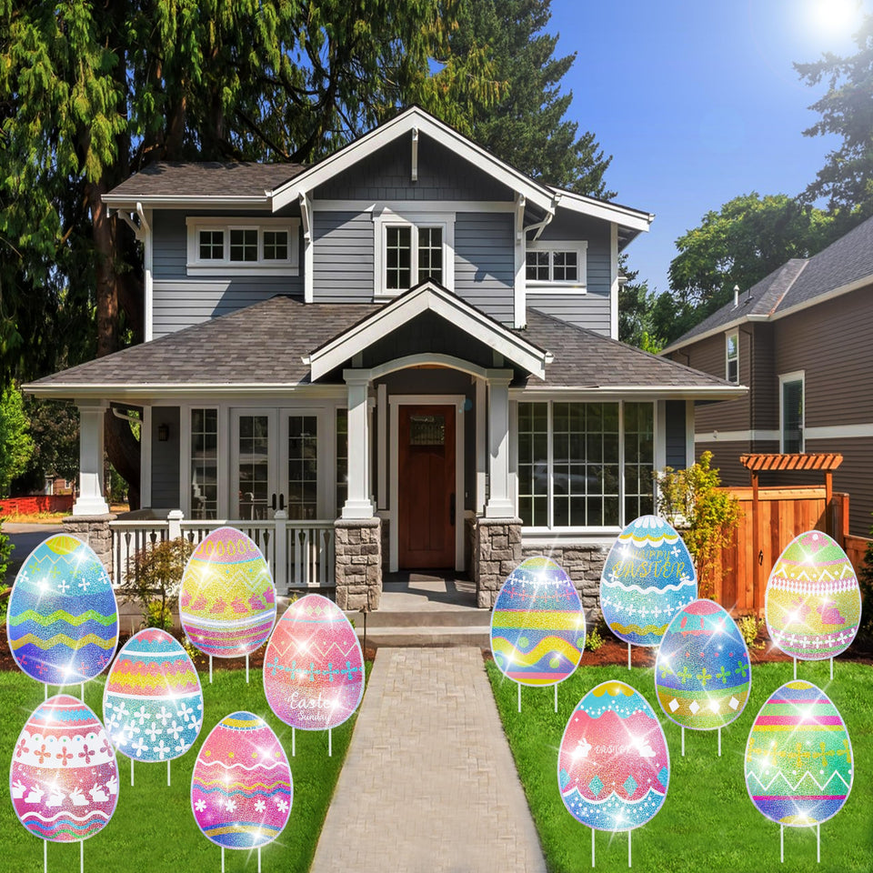 SYITCUN Easter egg decorations 12pc laser sparkle on lawn for festive display.