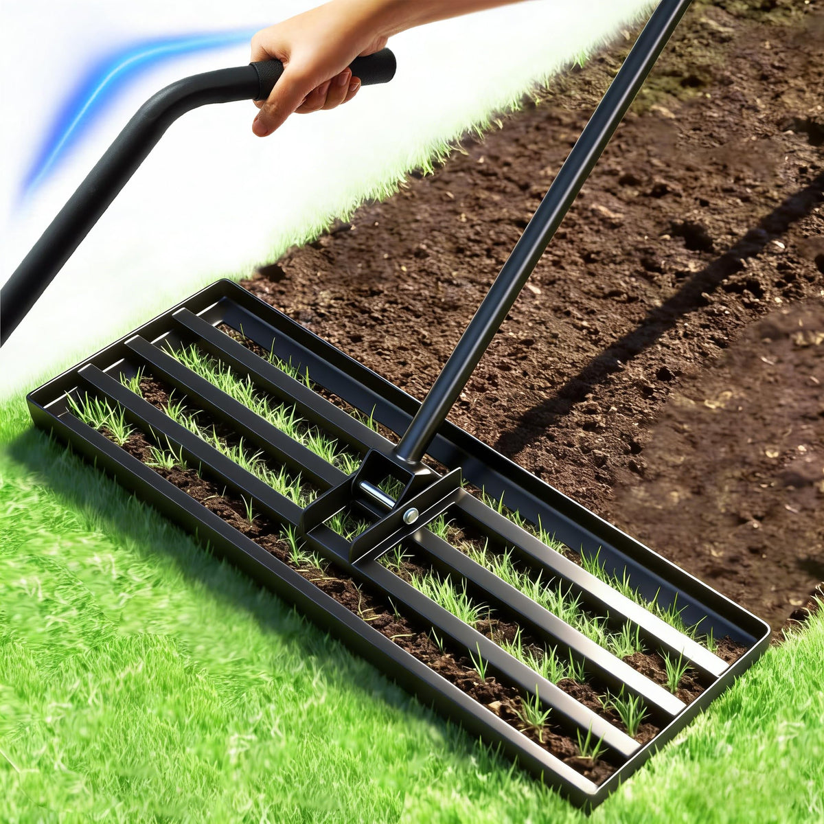 SYITCUN lawn leveling rake with stainless steel head for even soil on large lawns