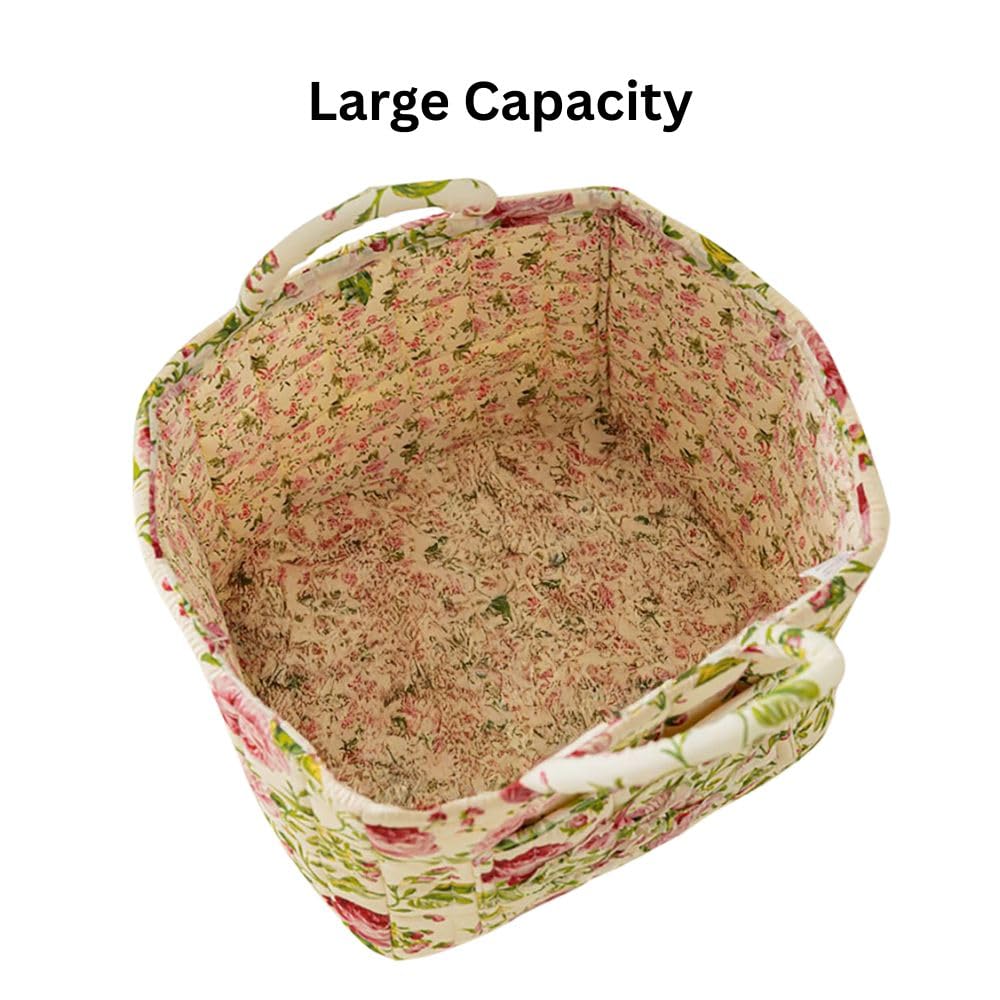 Sylet quilted storage basket with handles for portable use around home, picnic, or car