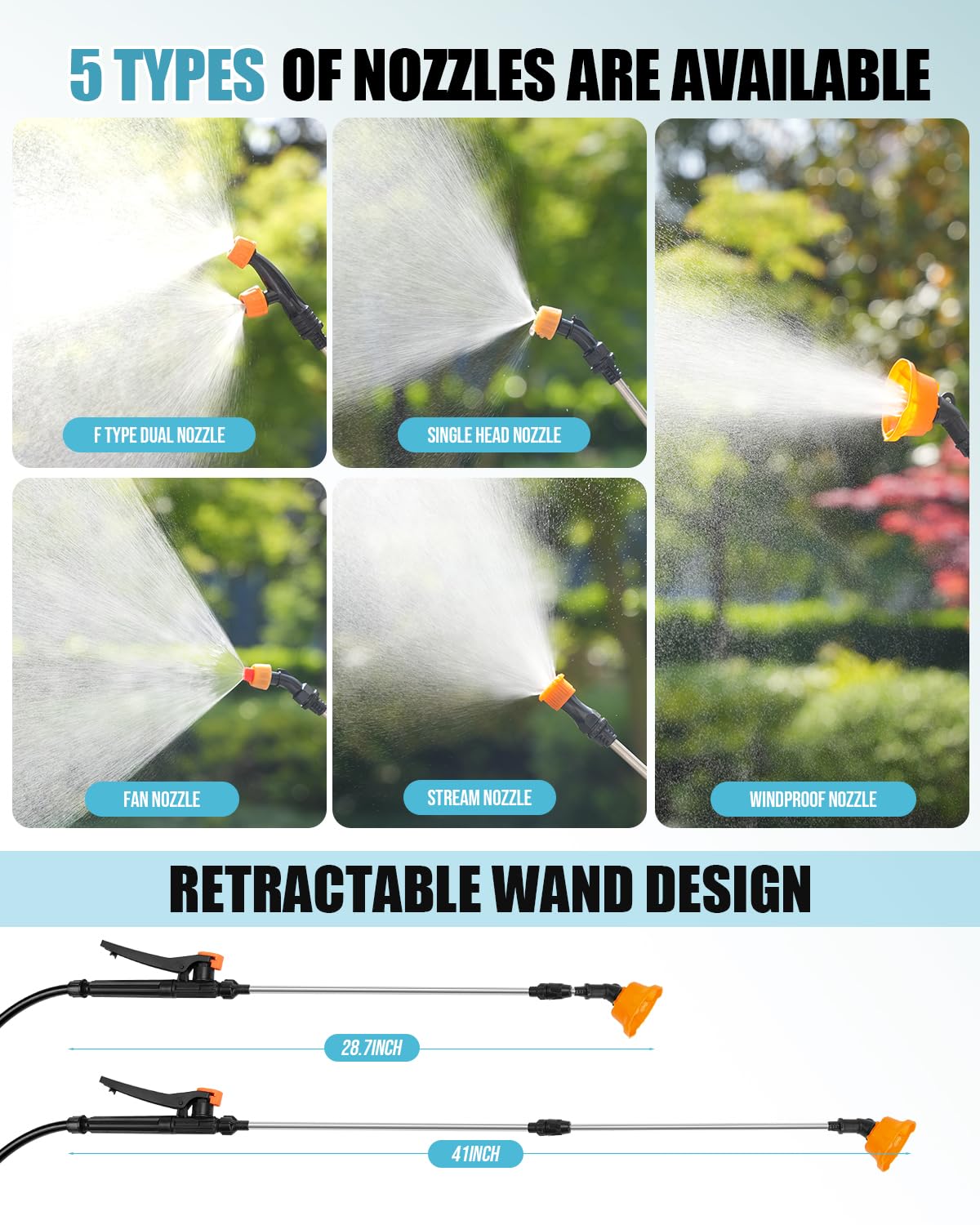 Five nozzles kit included with Sylsmart backpack sprayer for versatile spraying.
