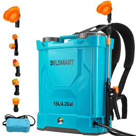 Sylsmart battery-powered backpack sprayer, front view, portable and compact for easy handling.