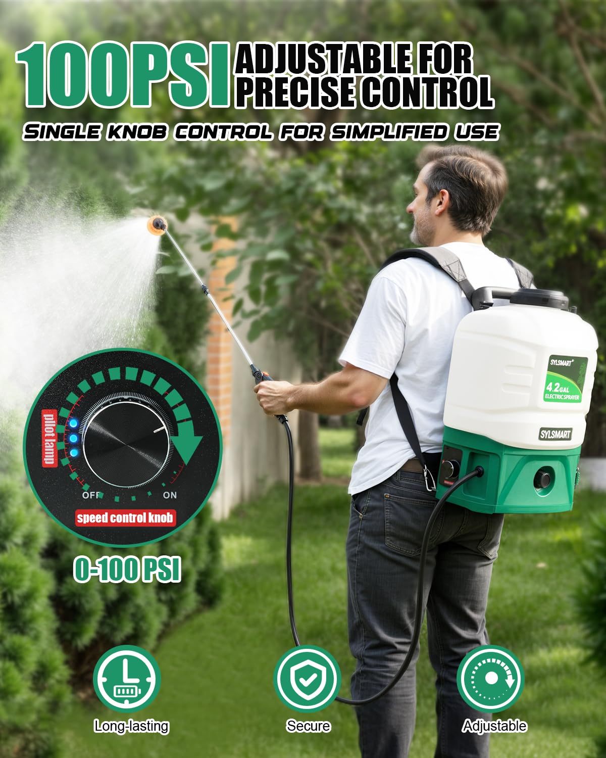 0-100 PSI dial showing precise pressure control for varied yard tasks