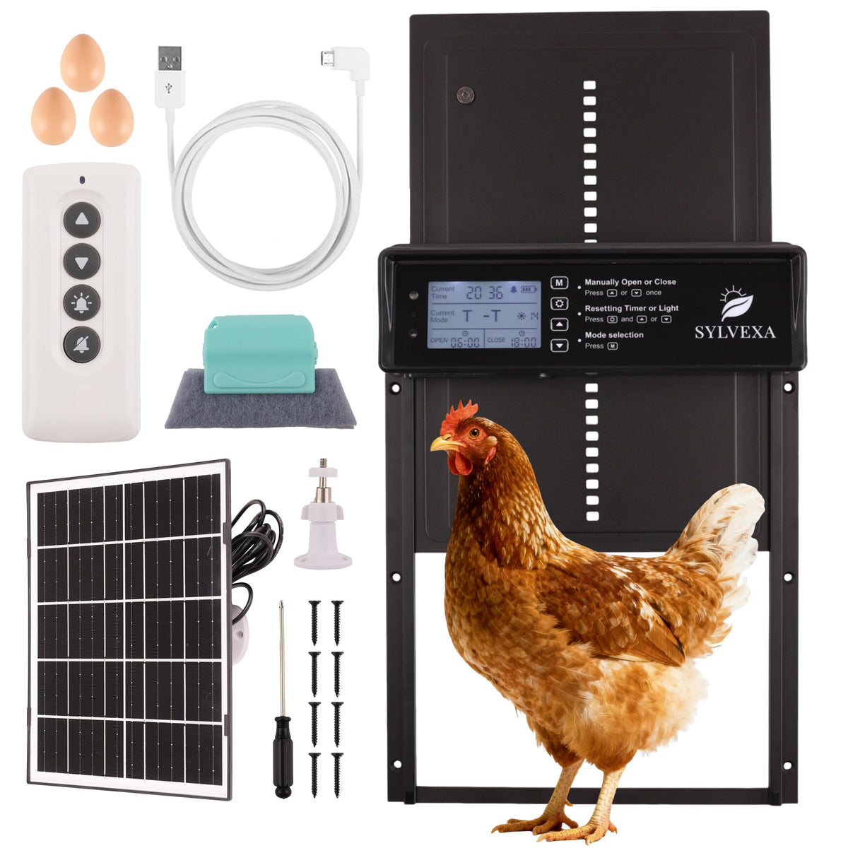 Sylvexa solar panel assembly powering the automatic coop door for reliable charging