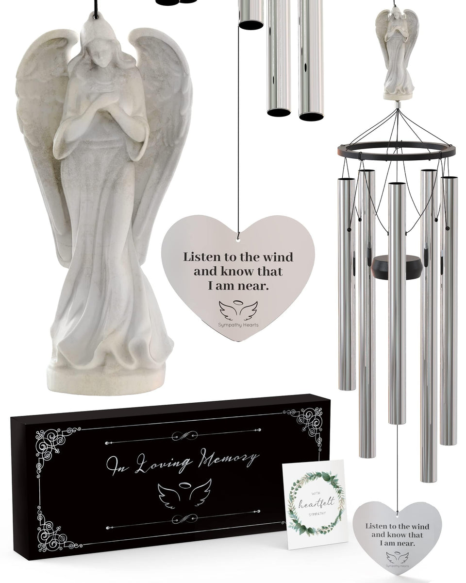 SYMPATHY HEARTS Angel Memorial Wind Chimes outdoor 34-inch design for calm remembrance.